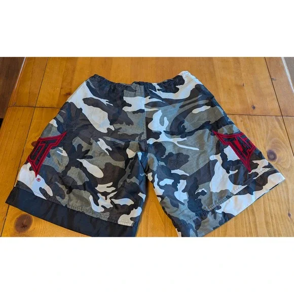 Y2k Tapout MMA Fight Shorts Mens 34 Grey Camo Ripstop Embroidered Logo Red Black - Picture 5 of 9
